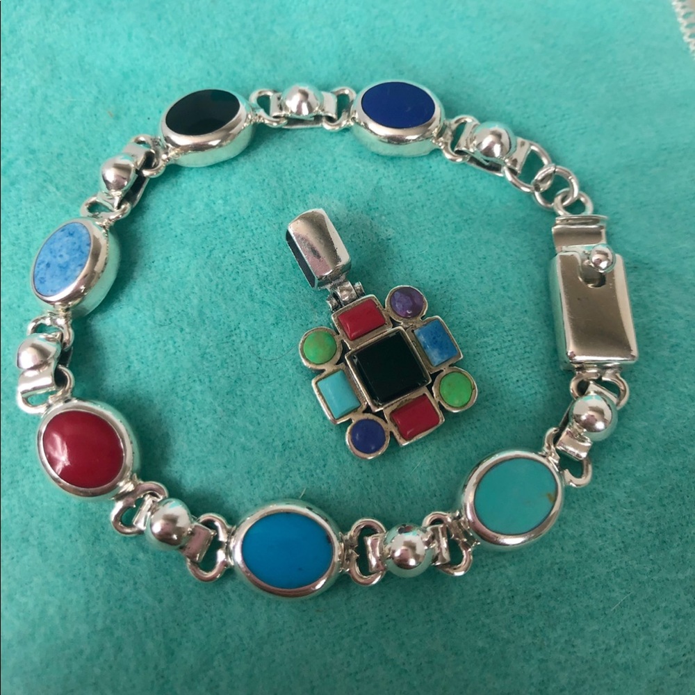 Vintage sterling bracelet &pendant multi stone